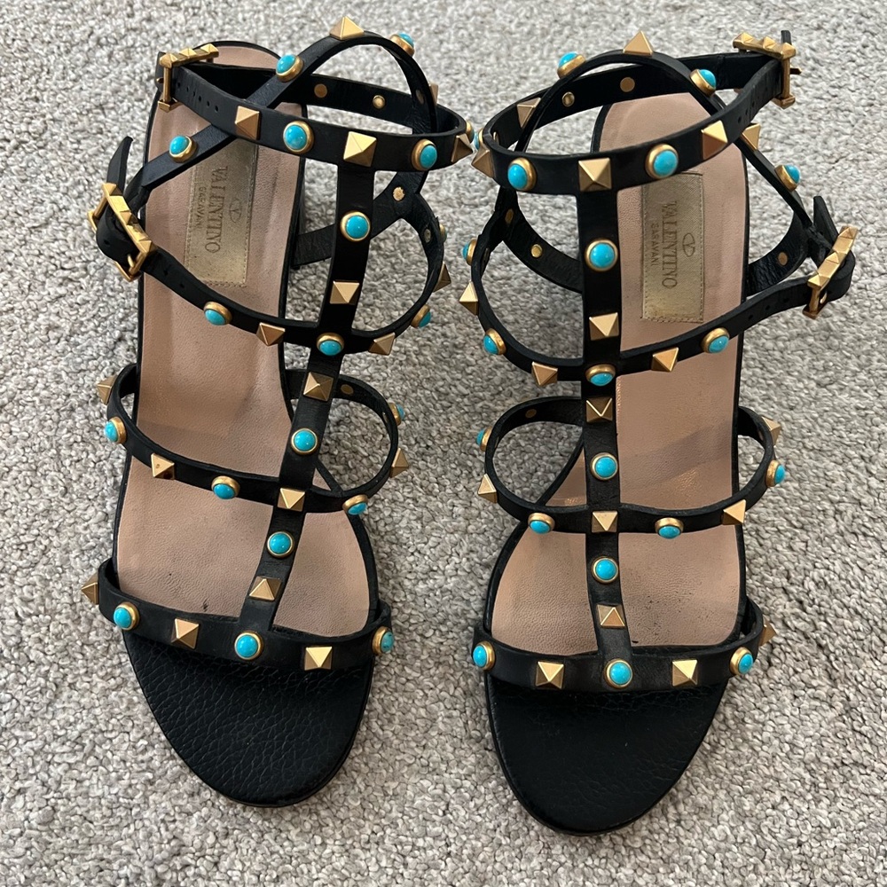 Valentino Rockstud Heeled Sandal | Black w/ Gold & Turquoise Studs | 38.5